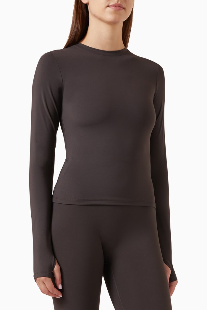 

Long Sleeve Longline Top in Cotton, Brown
