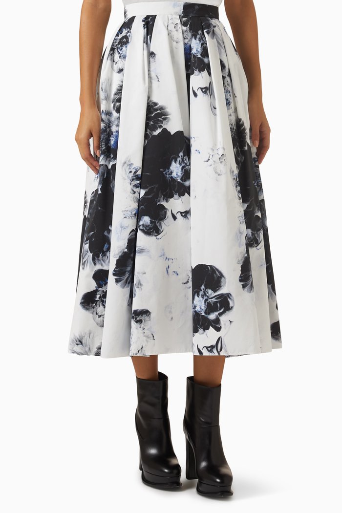 

Chiaroscuro Floral-print Pleated Midi Skirt in Cotton, Blue