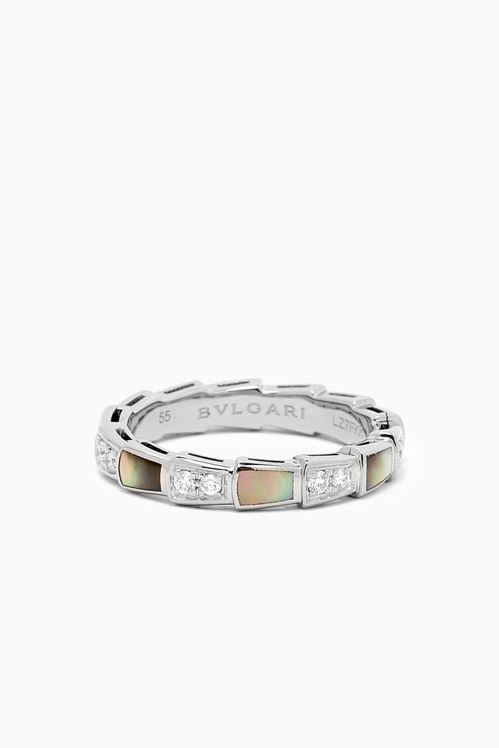 Serpenti Viper Diamond & Mother of Pearl Ring in 18kt White Gold, Silver