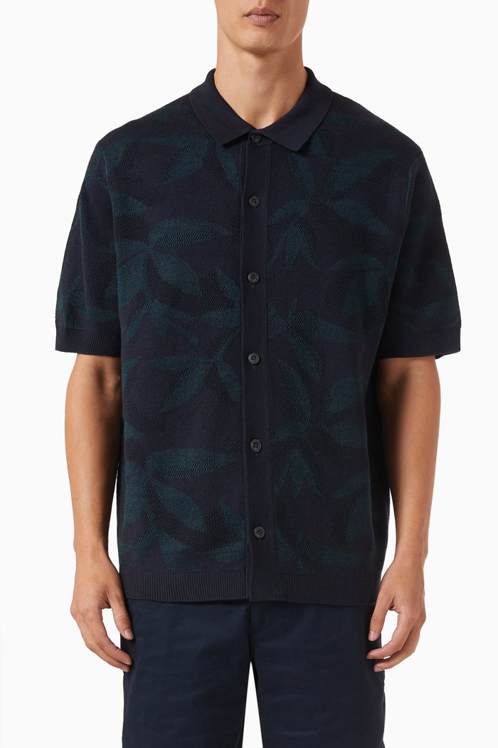 

Floral Jacquard Shirt in Cotton-blend Knit, Blue