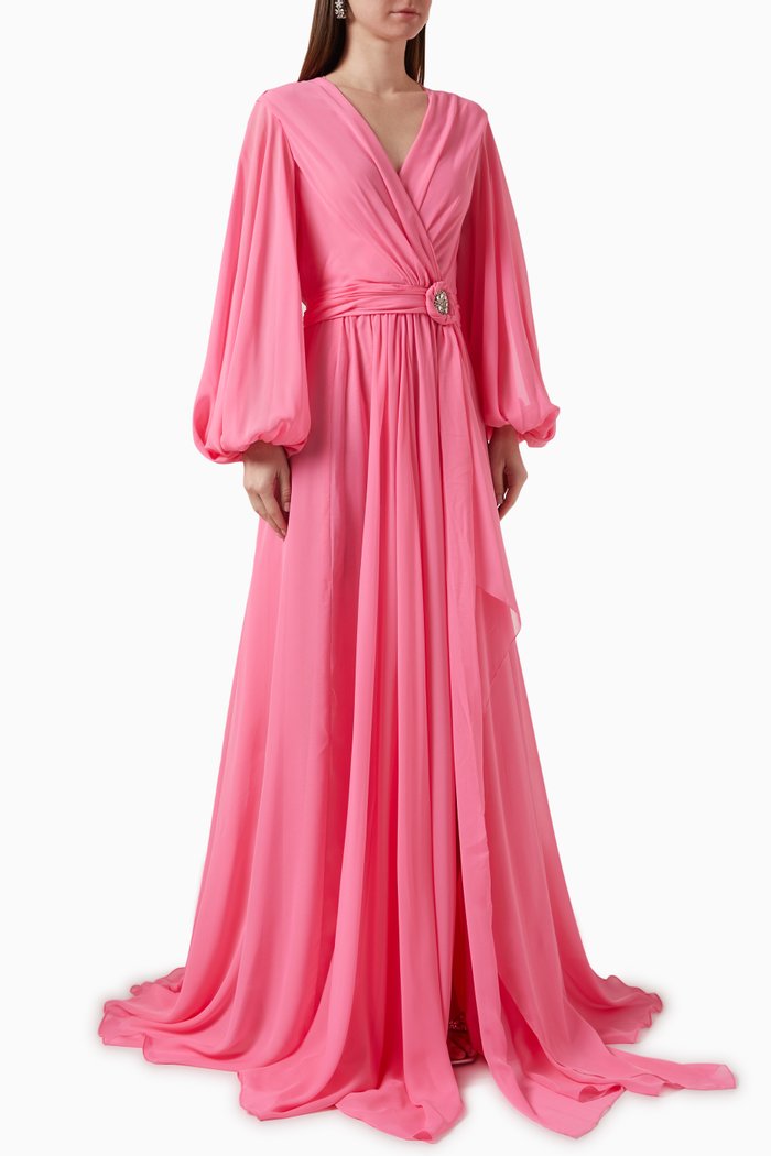 

Blouson-sleeve Belted Gown in Chiffon, Pink