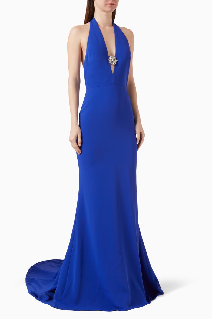 

Halter-neck Crystal Medallion Gown in Crepe, Blue