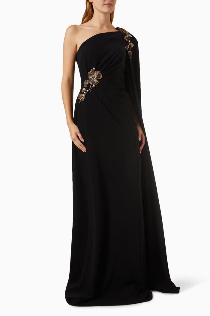 

One-shoulder Embellished Gown in Crepe, Black
