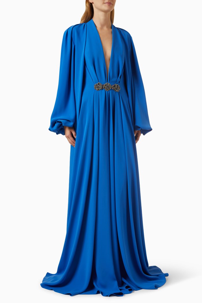 

Pleated Embroidered Gown in Crepe, Blue