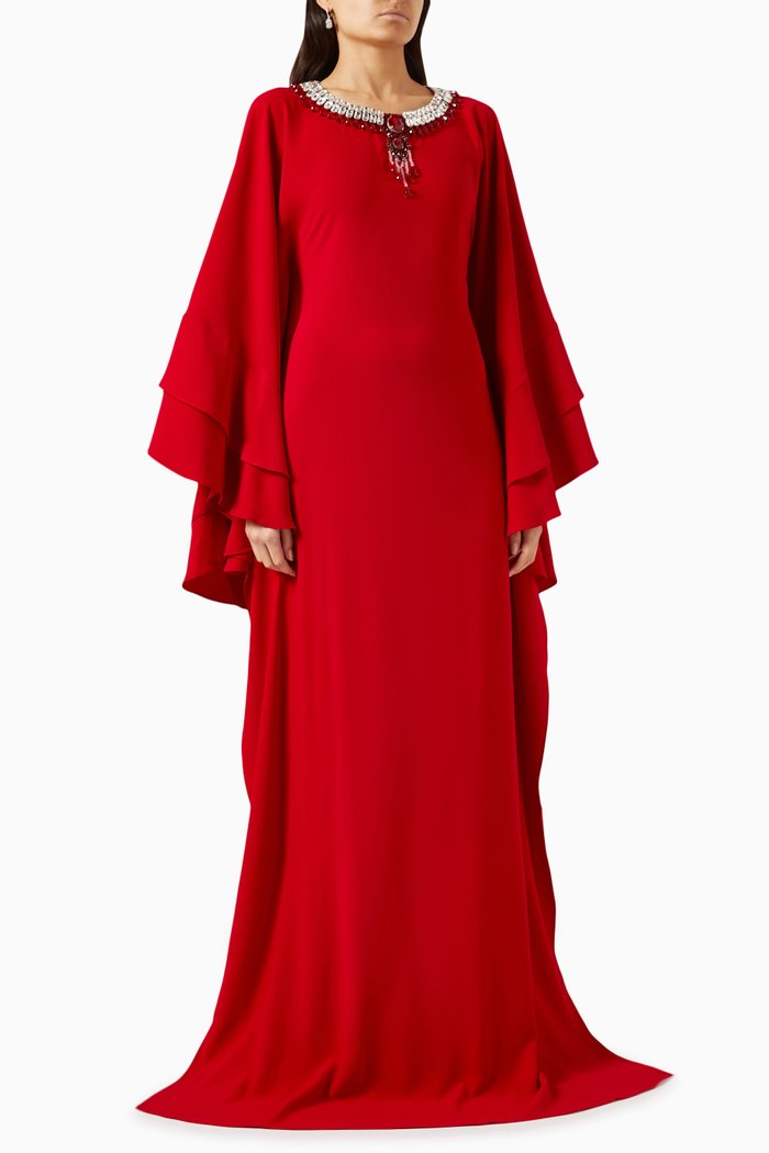 

Bead-embellished Kaftan in Crepe, Red