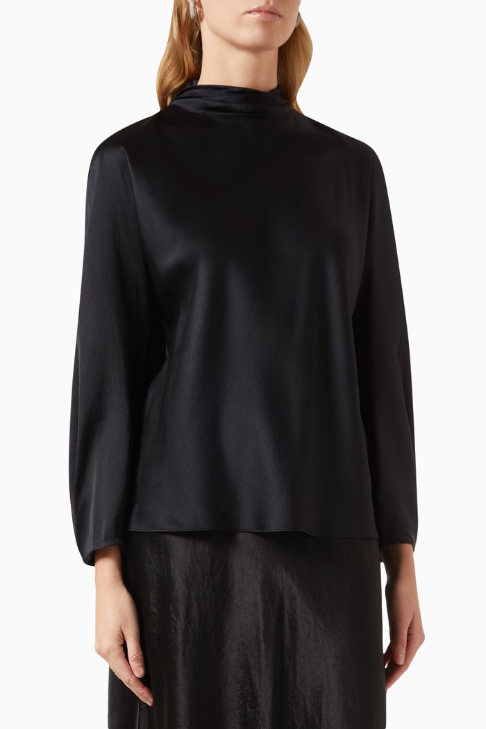 

Draped Funnel-neck Top in Silk, Black