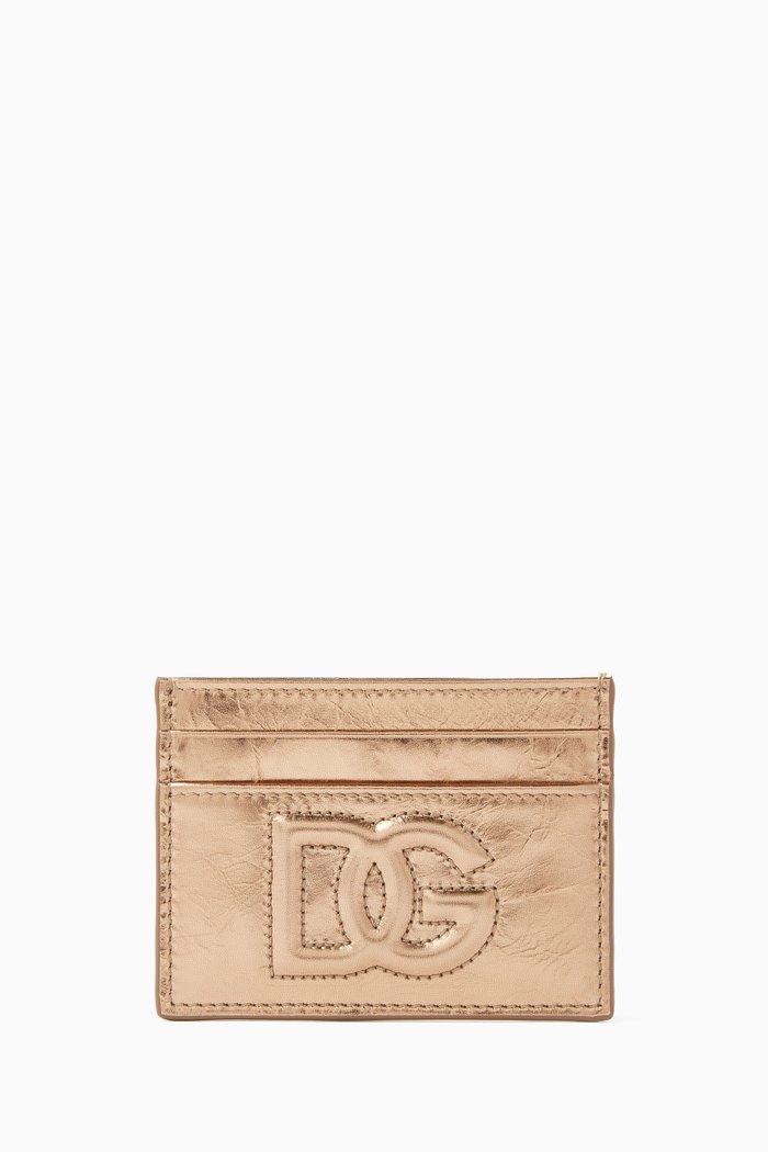 

Logo Card Holder in Metallic Crackled Leather, Gold