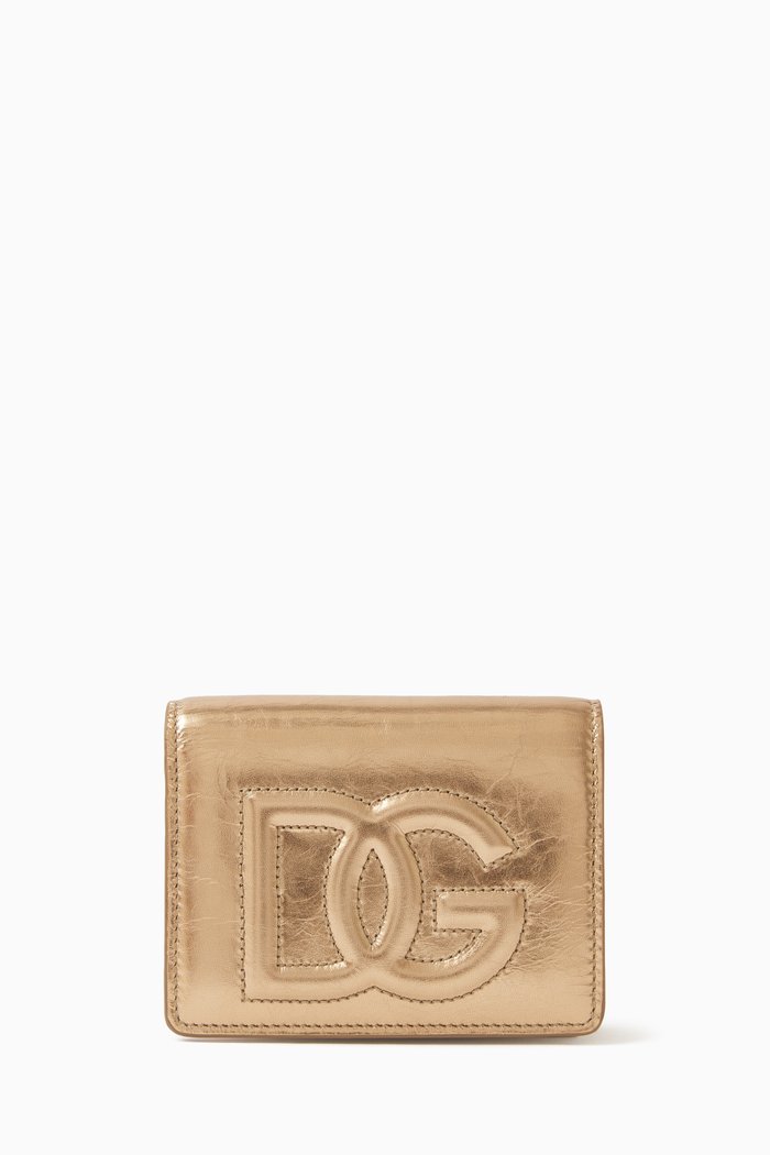 Small DG Logo Continental Wallet in Metallic Crackled Leather, Gold
