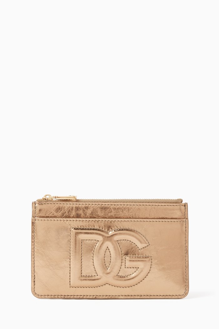 

Medium DG Logo Card Holder in Metallic Crackled Leather, Gold
