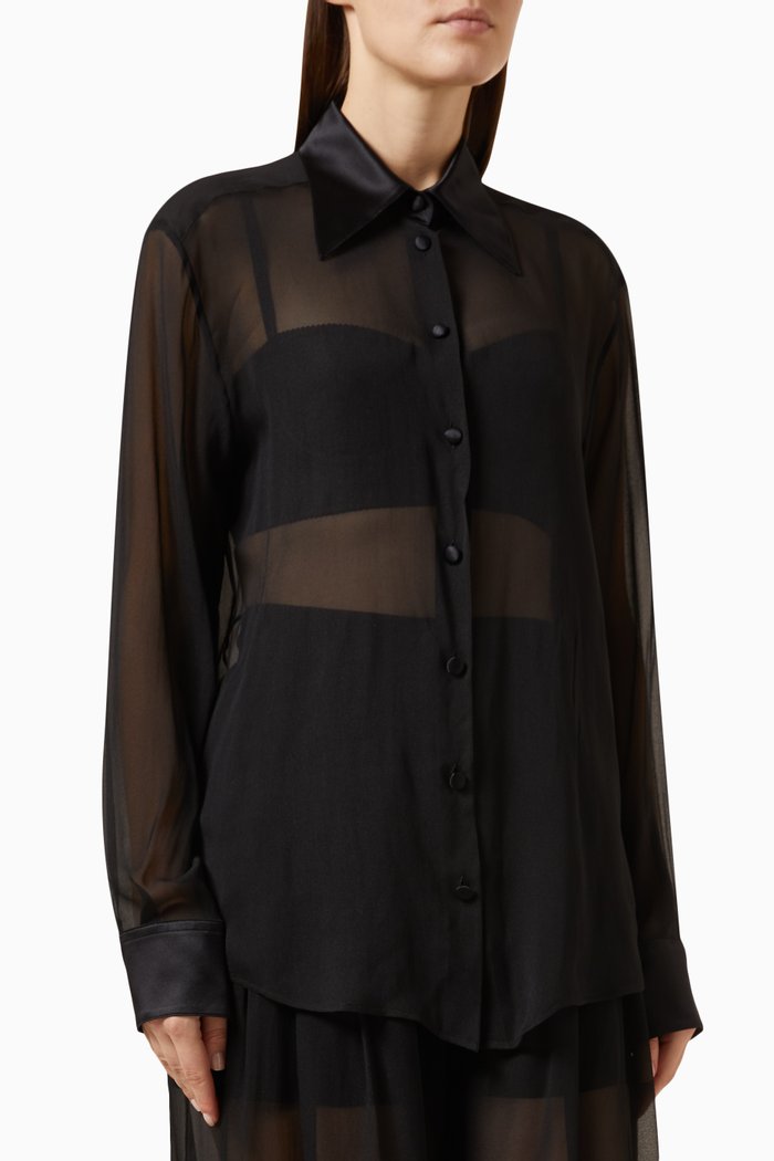 Satin Collar and Cuffs Shirt in Silk, Black