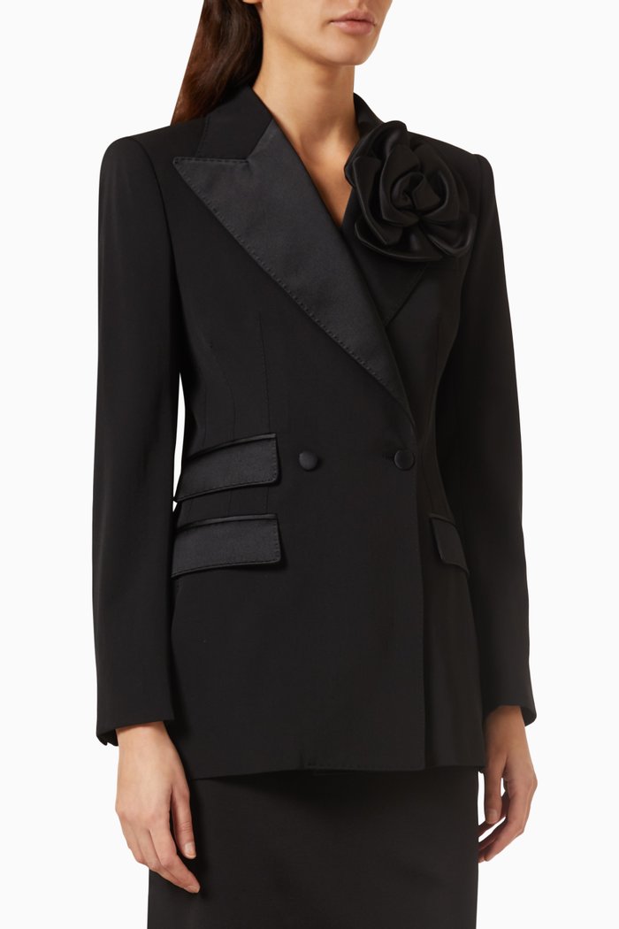 

Double-breasted Jacket with Flower Appliqué in Wool & Silk-blend, Black