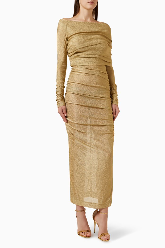 

Draping Shoulder Dress in Lurex Mesh, Gold