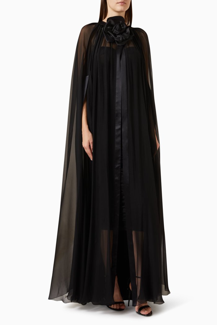 Flower Appliquè Cape in Silk, Black