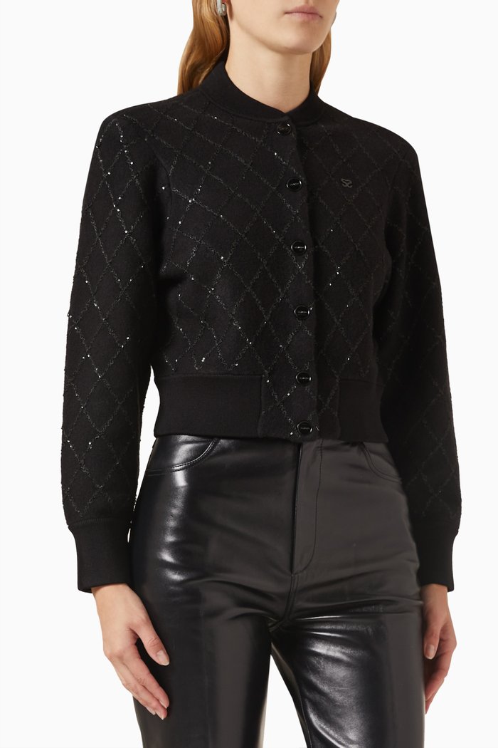 

Embellished Cropped Cardigan in Wool-blend, Black