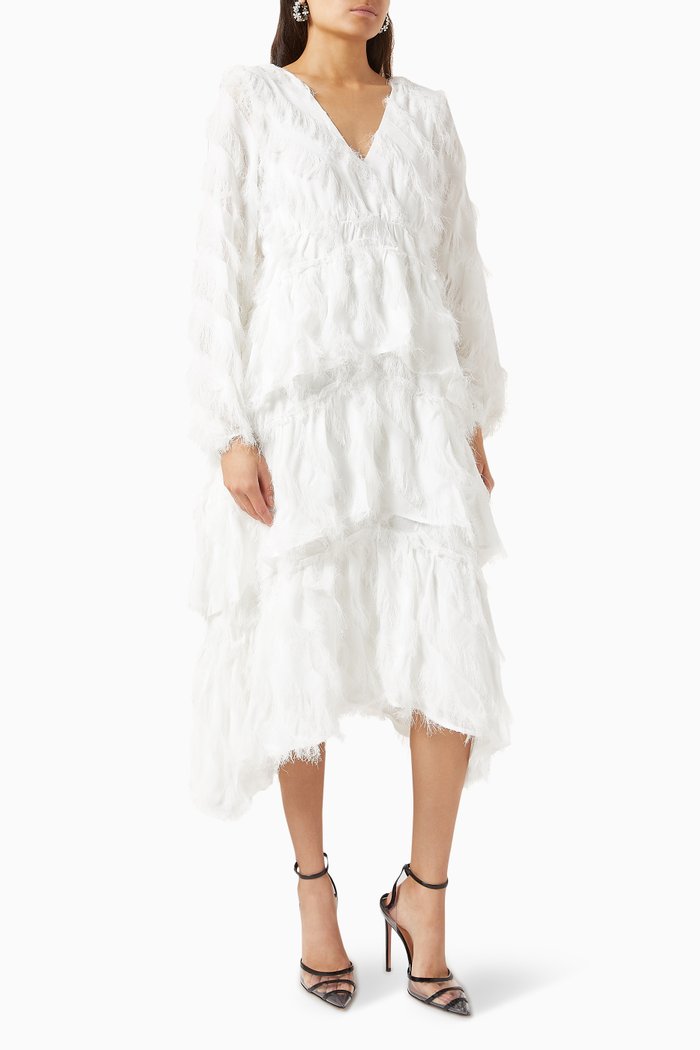 

Feather-embellished Tiered Dress, Neutral