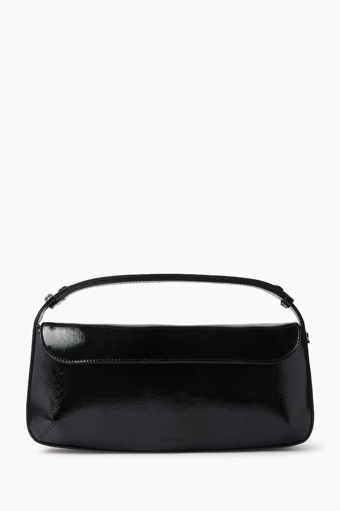 

Foldover Top Shoulder Bag in Patent Leather, Black