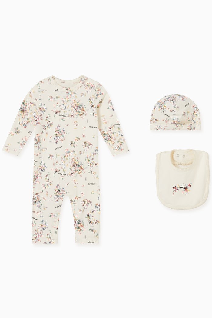 

Paper Clip Print Pyjamas, Bib and Beanie Set in Cotton, White