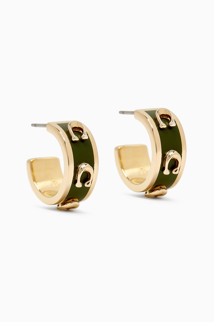 Pegged C Enamel Huggie Earrings, Green
