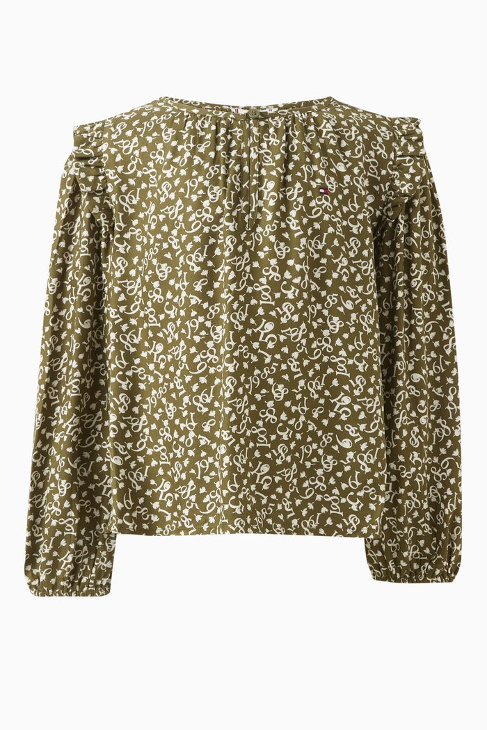 

Flower-print Ruffled Shirt in Viscose, Green