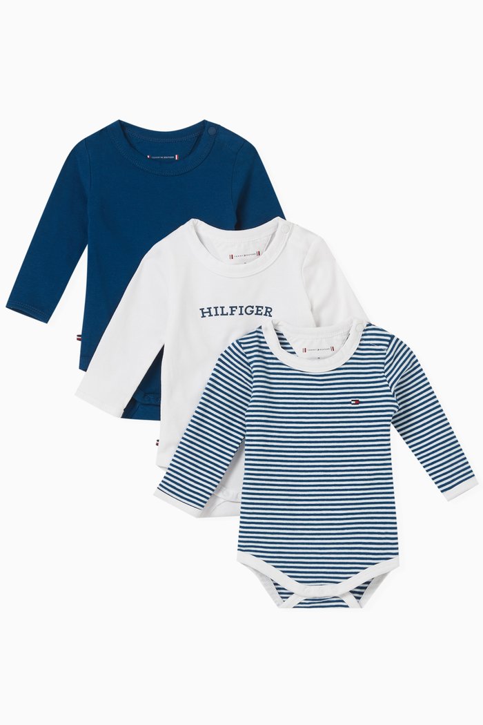 

Logo Bodysuits in Stretch Cotton, Set of 3, Blue