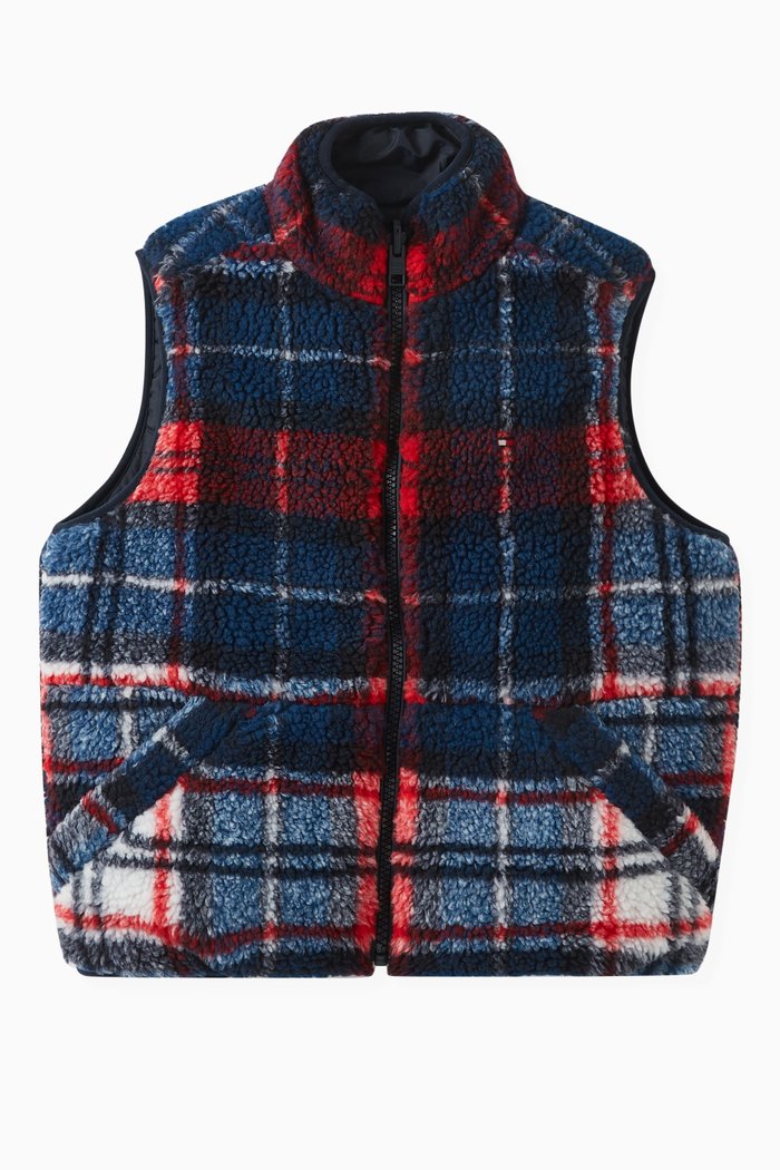 

Checked Reversible Gilet Vest in Sherpa, Blue