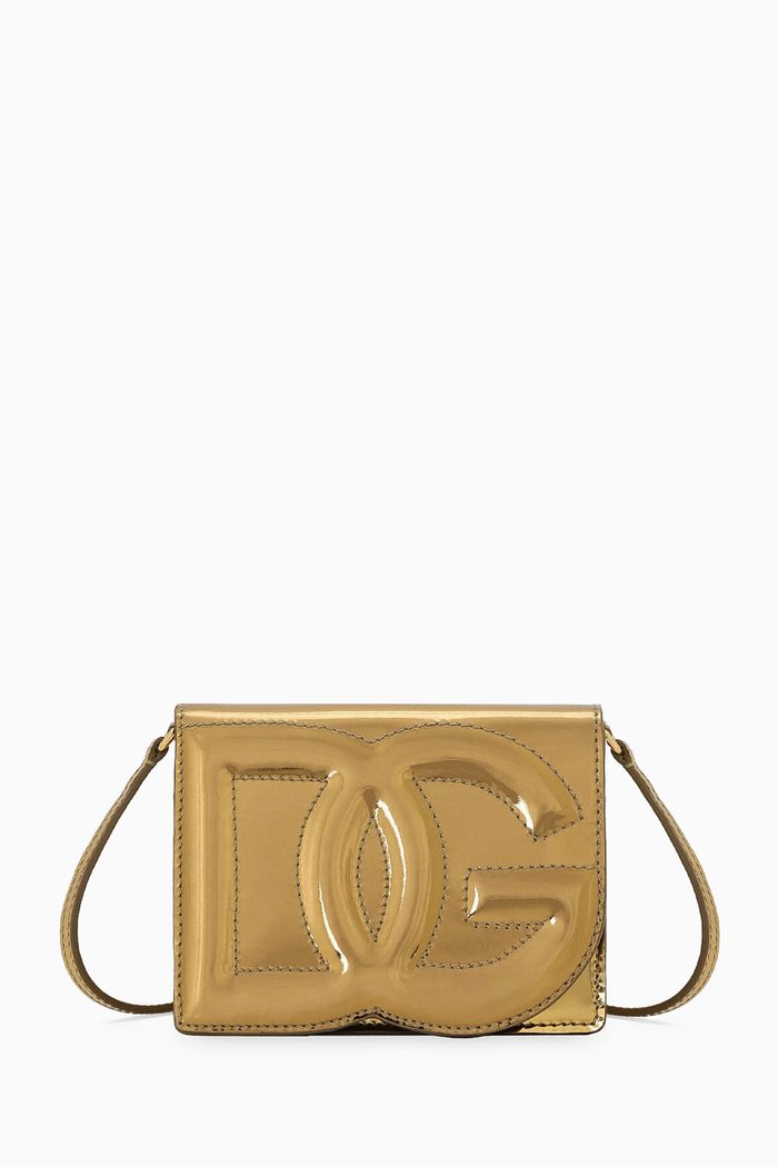 Small DG Logo Crossbody Bag in Mirror Leather, Gold