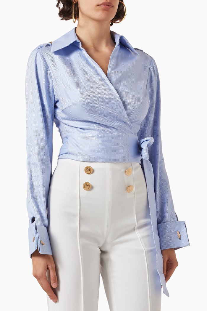 Crop Shirt in Herringbone Cotton, Blue
