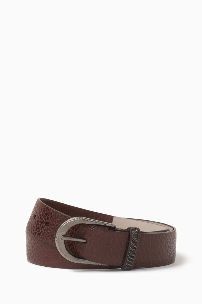 

Monili-embellished Belt in Grained Calfskin Leather, Brown