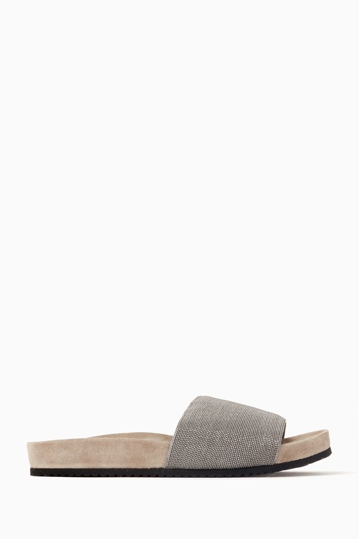 

Monili Vamp Slides in Lamé Suede, Grey