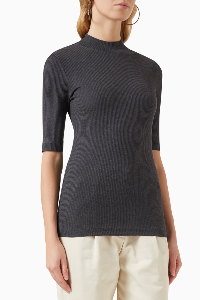 

Mock Neck Top in Ribbed Knit, Grey