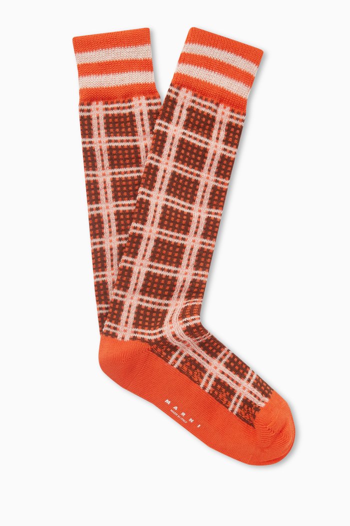 

Check Pattern Mid-calf Socks in Ribbed Organic-cotton, Red