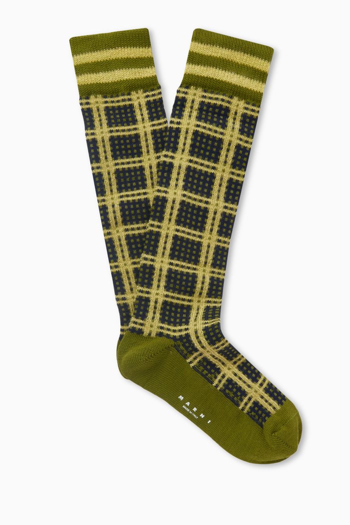 

Check Pattern Mid-calf Socks in Ribbed Organic-cotton, Green
