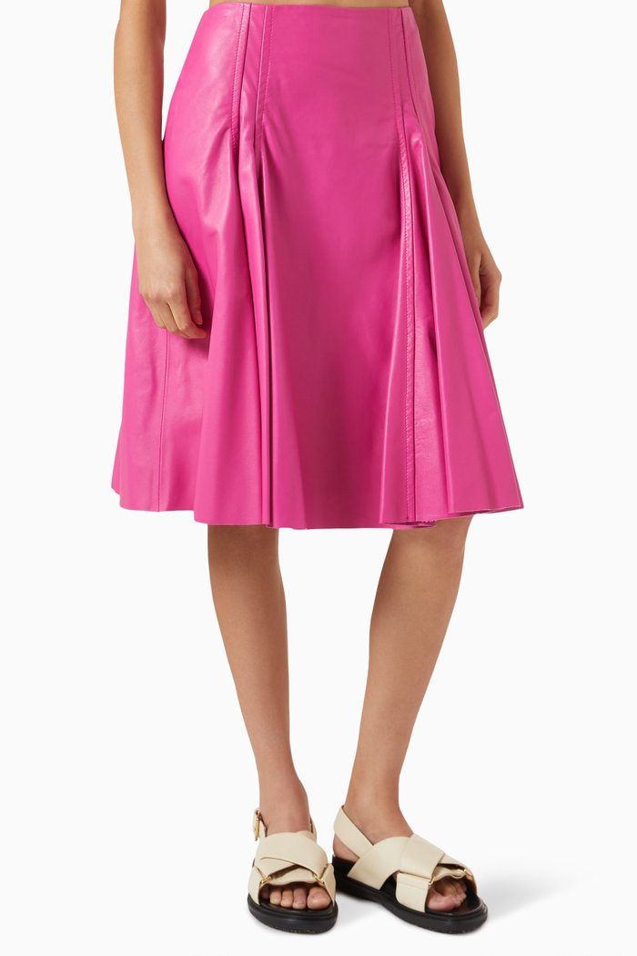 

Pleated Midi Skirt in Leather, Purple