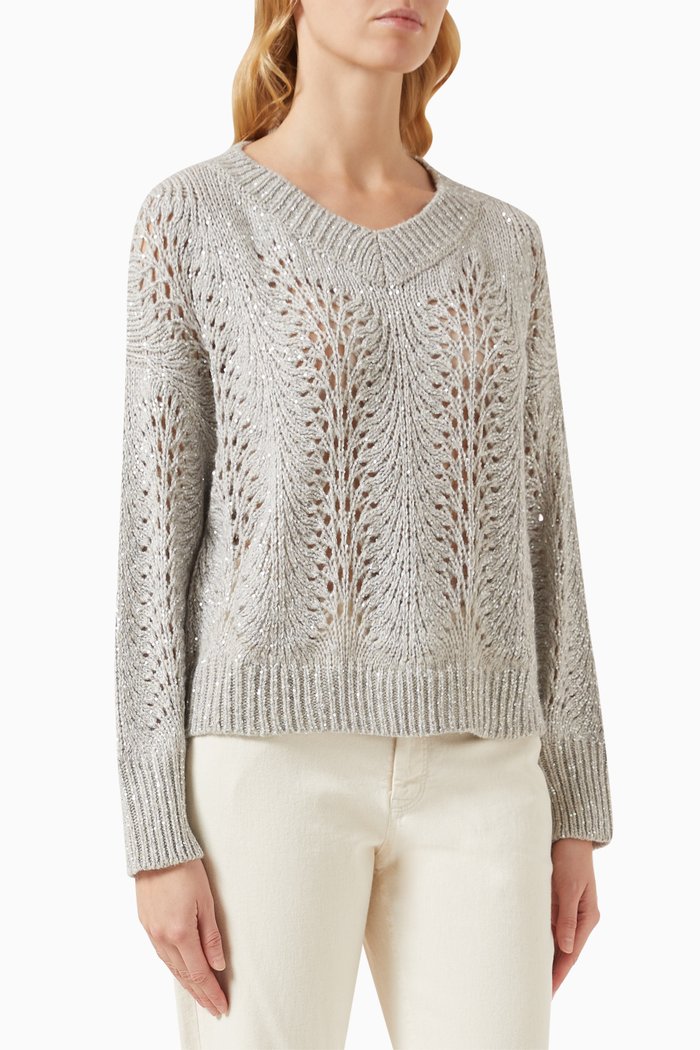 

Sequin-embellished Sweater in Crochet Knit, Neutral