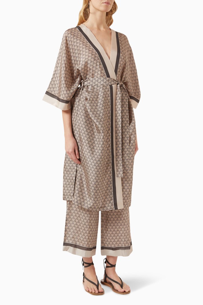 

Geometric Print Robe in Silk, Grey