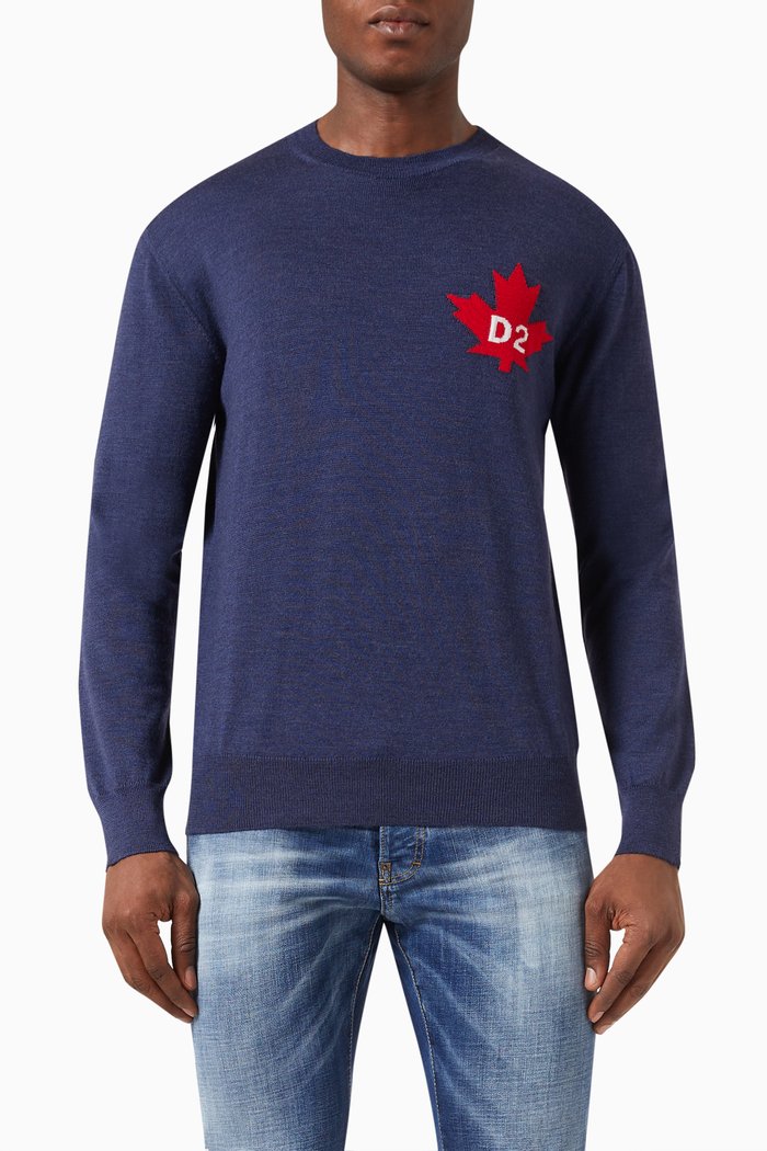 

Logo Leaf Crewneck in Wool Knit, Blue