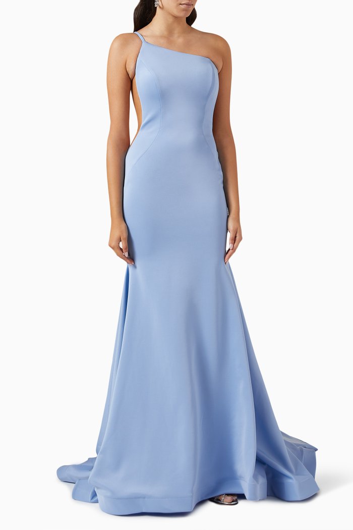

One-shoulder Train Maxi Dress in Jersey, Blue