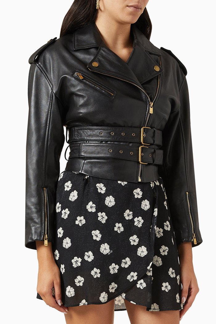 

Aurora Belted Biker Jacket in Leather, Black