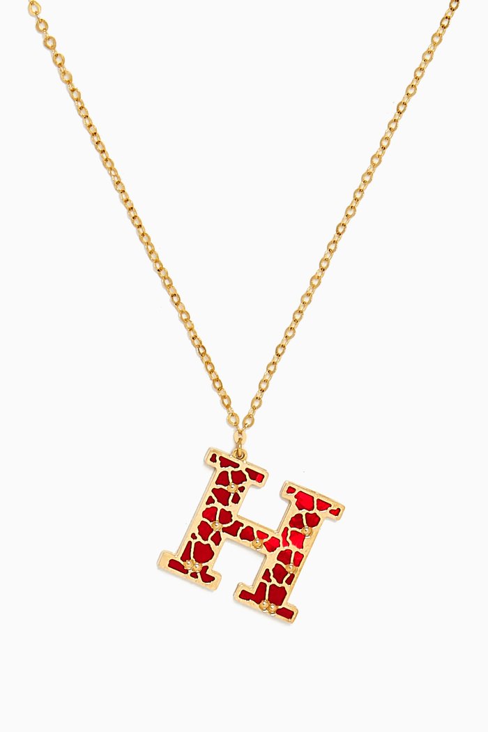 Amelia Cherry Blossom "H" Initial Two Sided Necklace in 18kt Yellow Gold