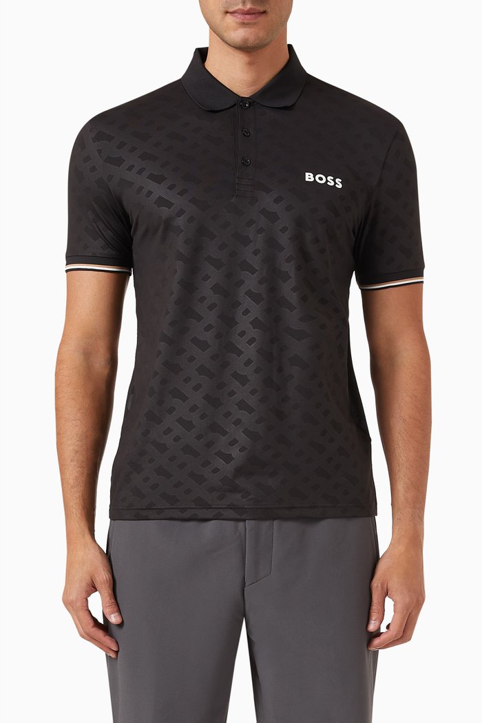 

x Matteo Berrettini Monogram Polo Shirt in Recycled Polyester Stretch, Black