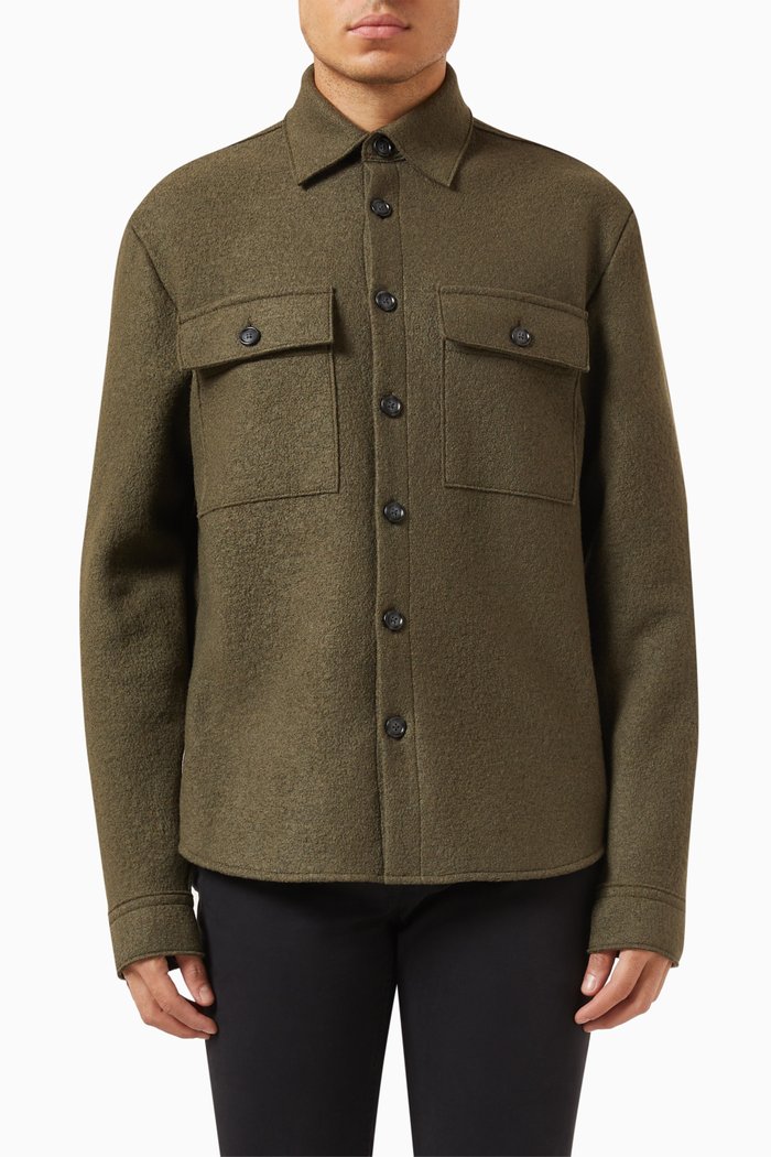 

Kent Collar Shirt in Virgin Wool, Green