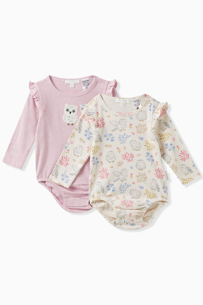 

Owl-motif Bodysuit in Cotton, Set of 2, Neutral