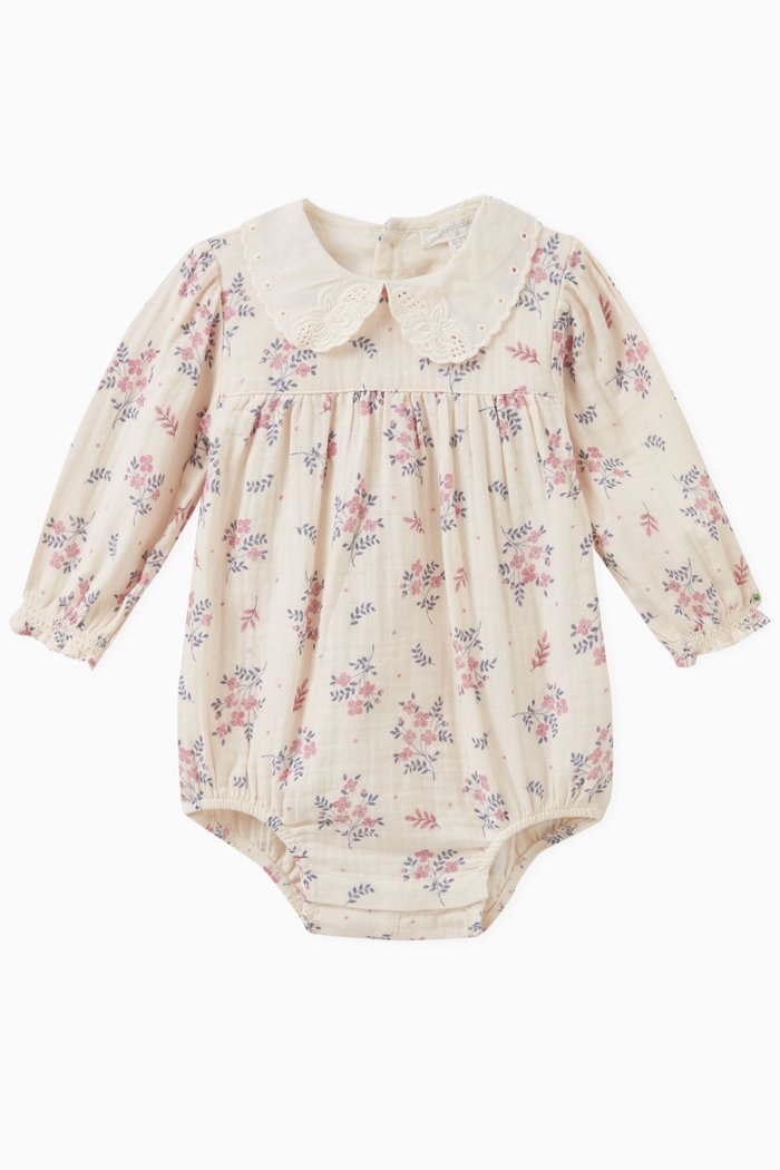 Floral-motif Bodysuit in Organic Cotton, White