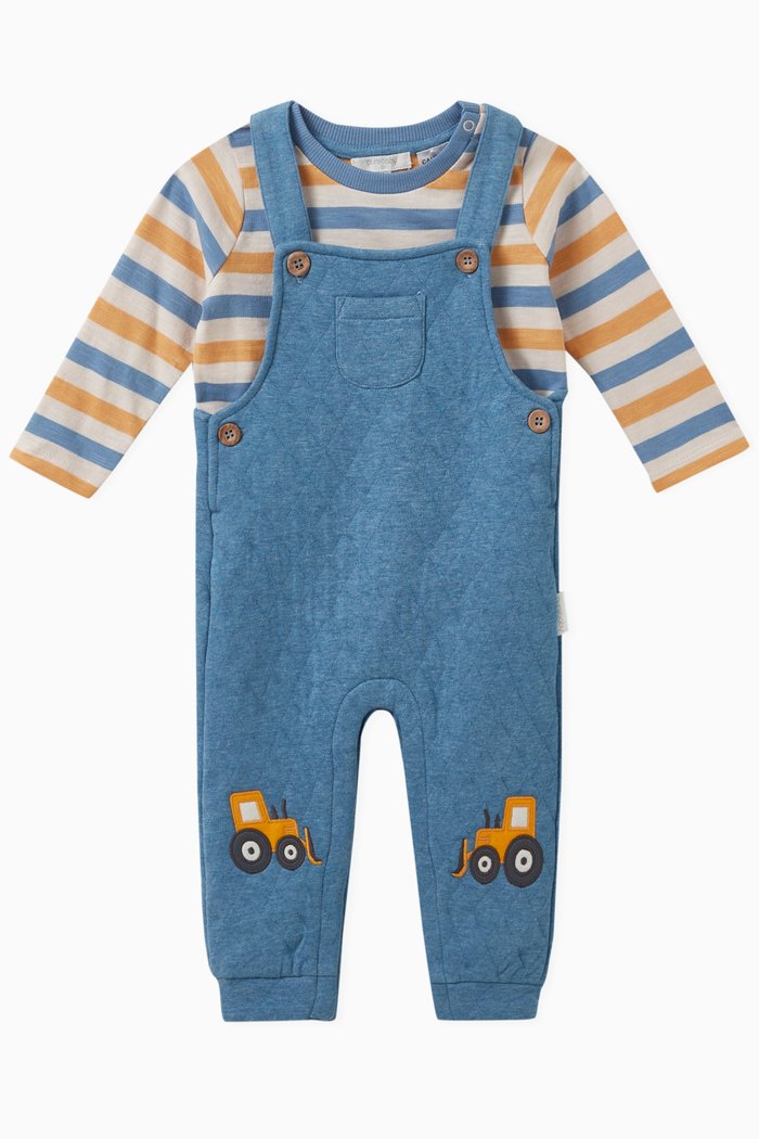 Striped Truck-motif Dungarees Set in Cotton, Blue