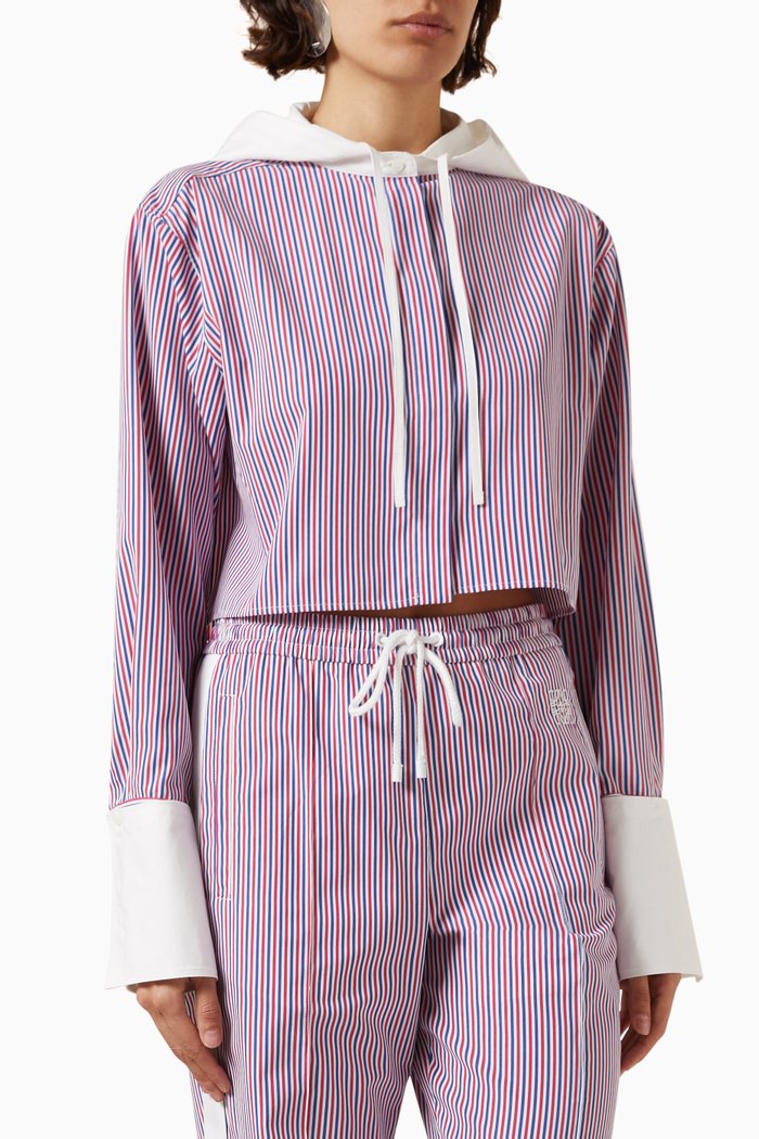 

Striped Cropped Hooded Shirt in Cotton, Blue