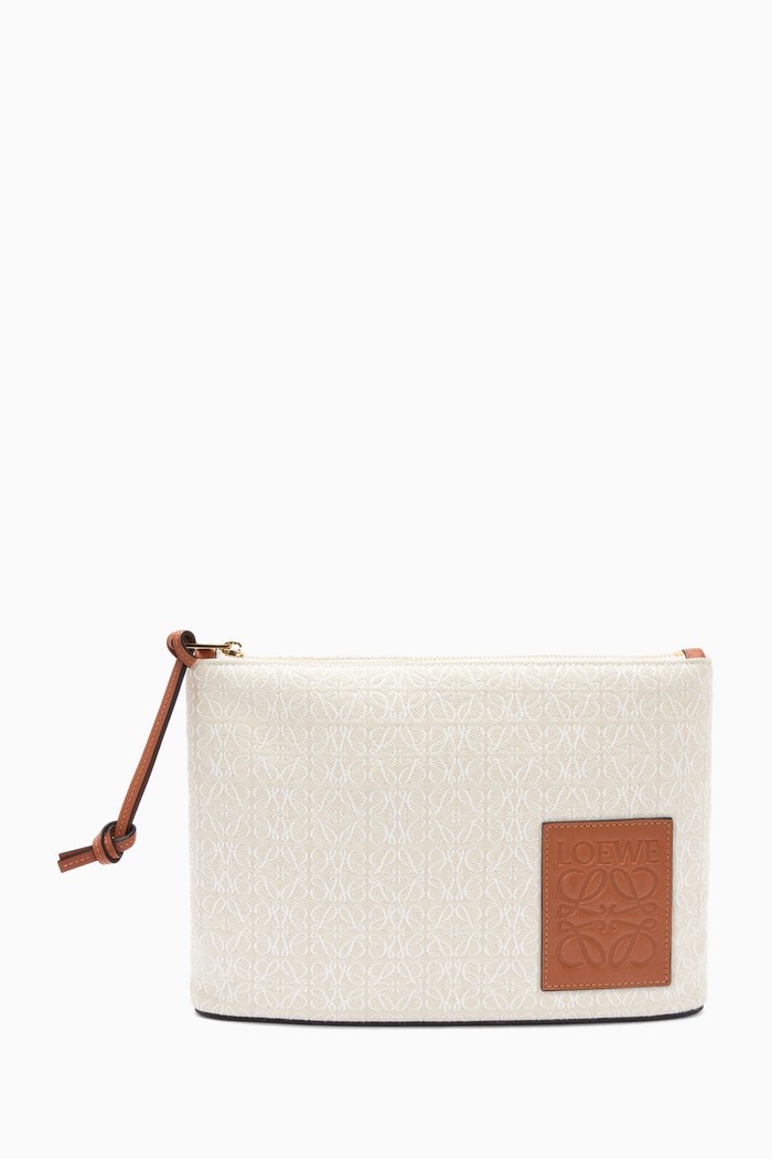 

Oblong Pouch in Anagram Jacquard & Calfskin, White