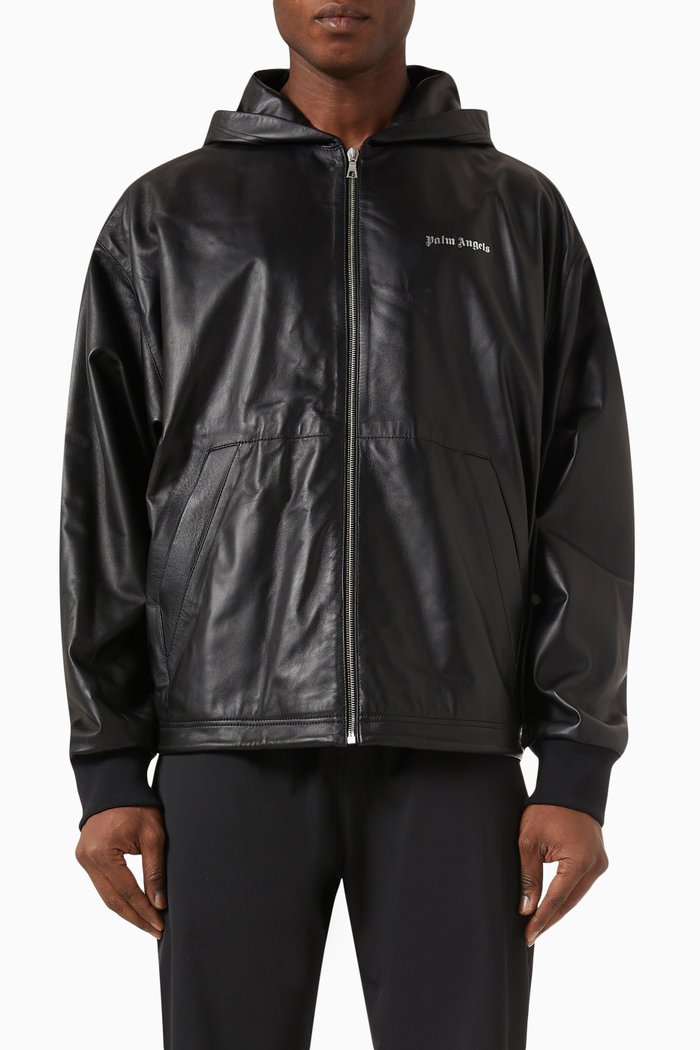 Logo Print Hooded Jacket in Leather, Black