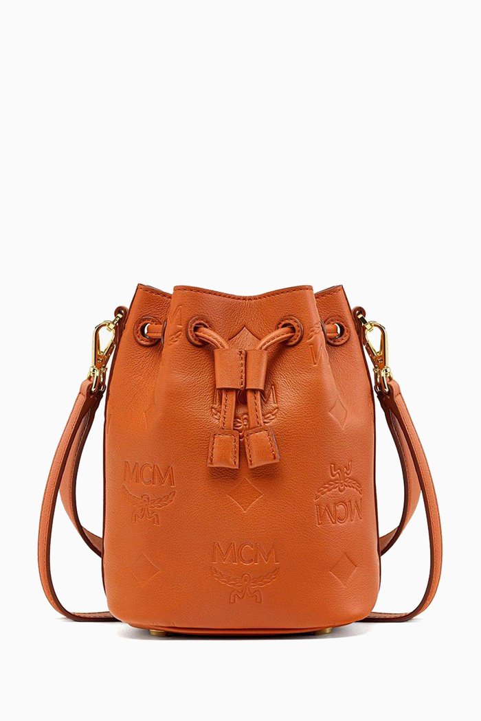 

Mini Dessau Drawstring Bucket Bag in Monogram Leather, Brown