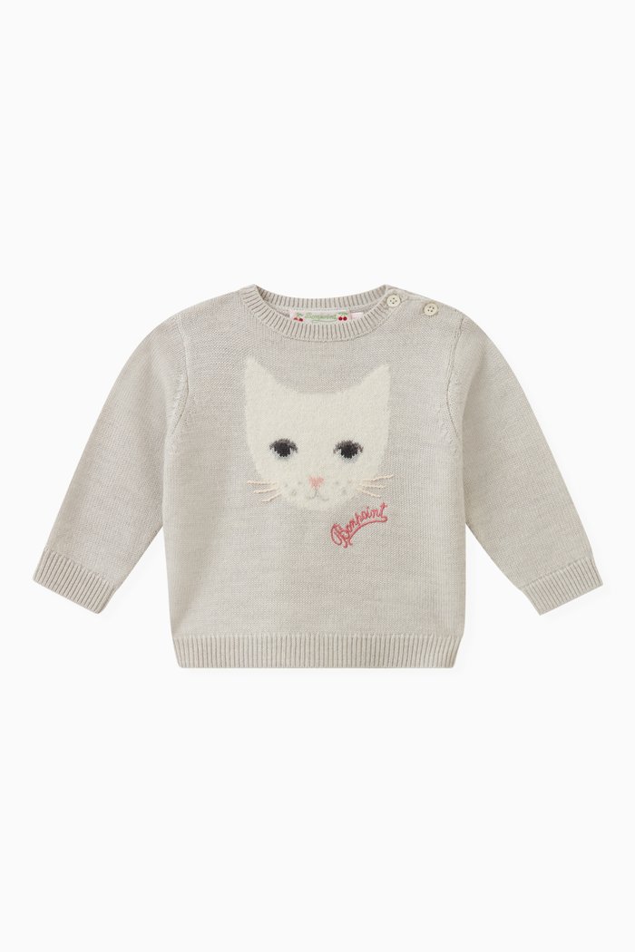 

Cat Motif Sweater in Wool, Grey