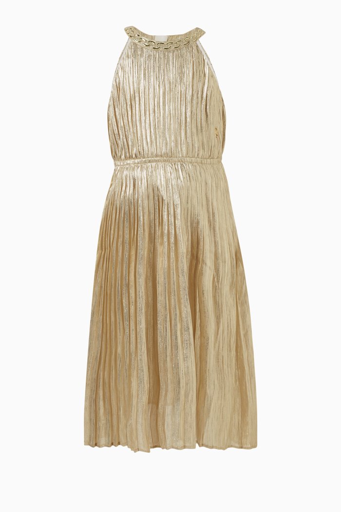 

Pleated Metallic Dress in Polyester, Gold